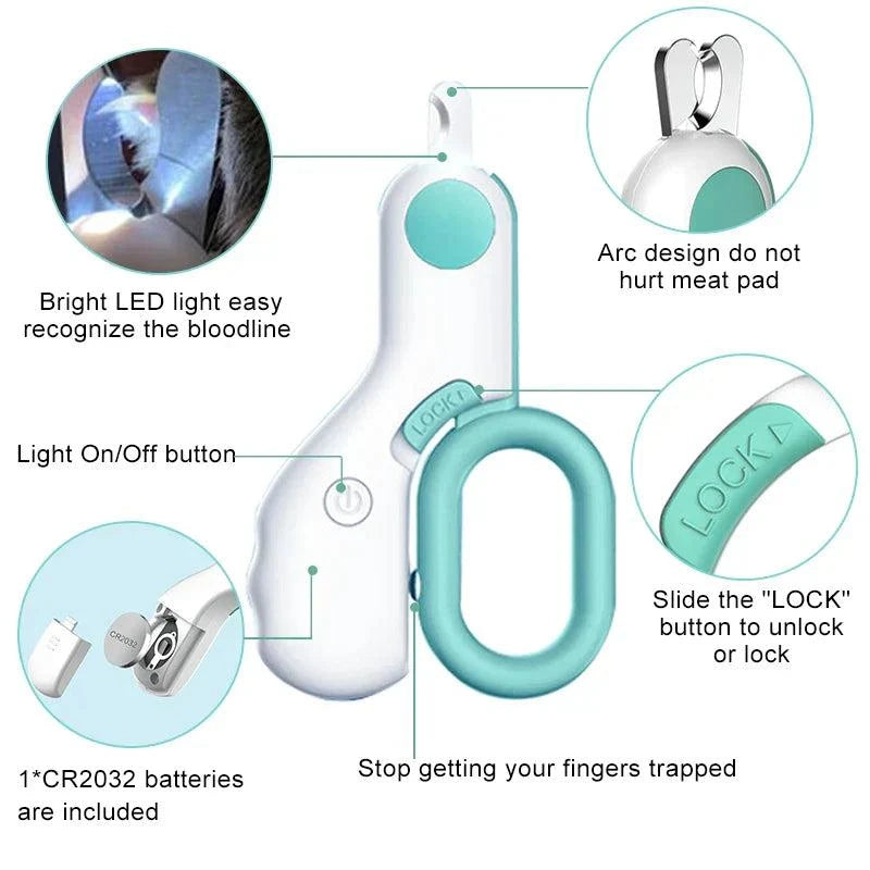 Load image into Gallery viewer, LED Pet Nail Clippers with ergonomic design, built-in LED light, and sharp stainless steel blades for cats and small dogs.
