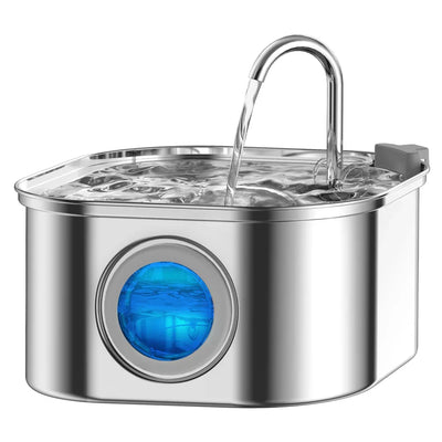Stainless steel pet water feeder with visual window and auto flow function.