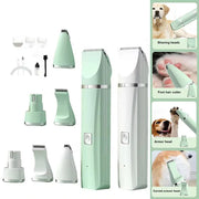 Quiet and versatile 4-in-1 paw trimmer and nail grinder pet grooming kit in mint green, featuring multiple attachment heads for diverse grooming needs.