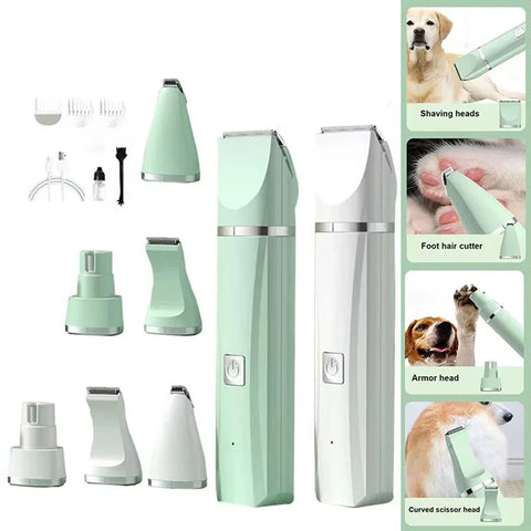 Quiet and versatile 4-in-1 paw trimmer and nail grinder pet grooming kit in mint green, featuring multiple attachment heads for diverse grooming needs.