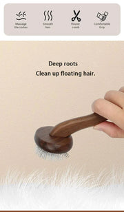 Sustainable wooden pet grooming brush with ergonomic handle, ideal for detangling and smoothing pet hair.