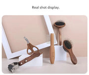 Sustainable pet grooming set with wooden comb and stainless steel nail clippers.