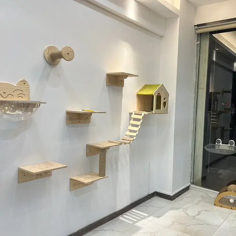 Wall Mounted Cat Climbing Shelves Wooden Hammock Tree Tower with Scratching Ladder