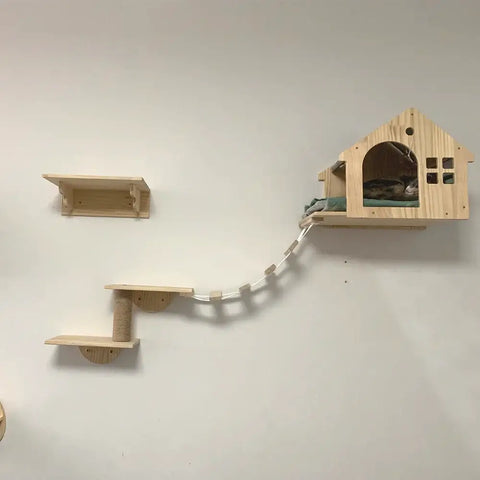 Wall Mounted Cat Climbing Shelves Wooden Hammock Tree Tower with Scratching Ladder