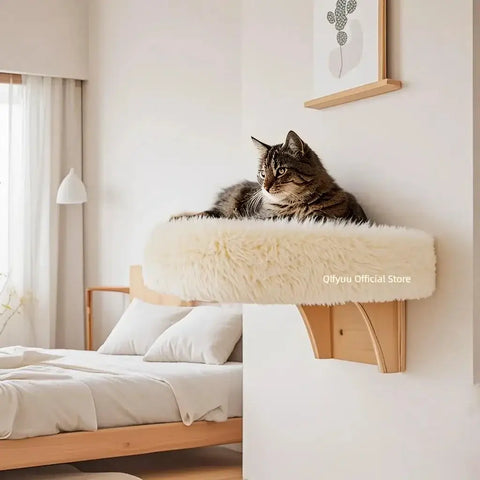 Wall mounted wooden cat bed with soft cushion and sturdy hardwood frame attached to wall in cozy bedroom