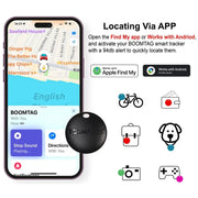 Smart GPS tracker compatible with Apple devices; shown on app interface for tracking keys, pets, and luggage.