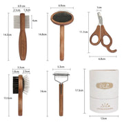 Sustainable pet grooming set with wooden comb and stainless steel nail clipper.