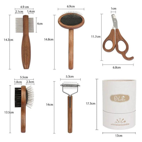 Sustainable pet grooming set with wooden comb and stainless steel nail clipper.