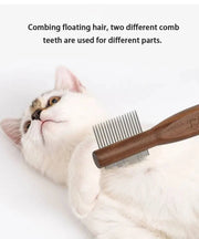 Sustainable pet grooming set with wooden comb used on a white cat's fur.