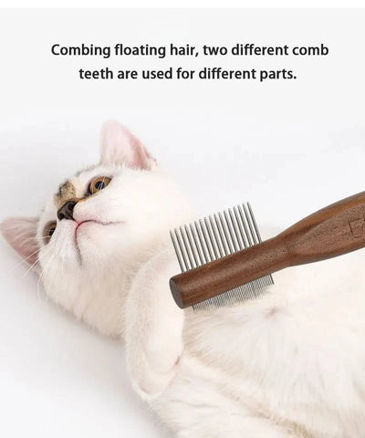 Sustainable pet grooming set with wooden comb used on a white cat's fur.