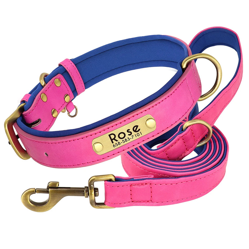 Load image into Gallery viewer, Personalized Leather Dog Collar &amp; Leash Set with Engraved Nameplate
