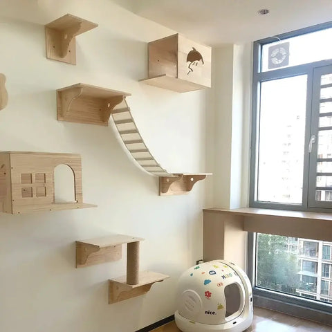 Wall Mounted Cat Climbing Shelves Wooden Hammock Tree Tower with Scratching Ladder
