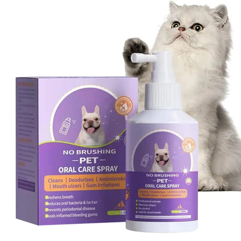 Dog teeth cleaning spray for dental hygiene, plaque removal, and fresher breath.