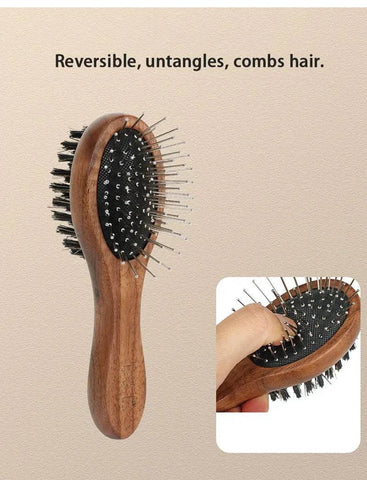 Eco-friendly pet grooming brush with wooden handle and metal bristles for detangling.