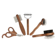 Sustainable Pet Grooming Set with wooden comb and stainless steel nail clipper.