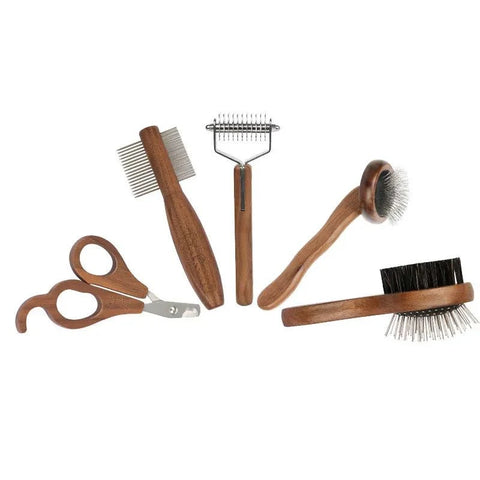 Sustainable Pet Grooming Set with wooden comb and stainless steel nail clipper.