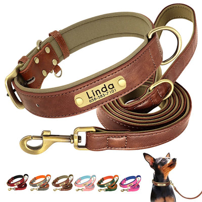 Personalized brown leather dog collar and leash set with engraved nameplate and brass hardware, soft and durable design