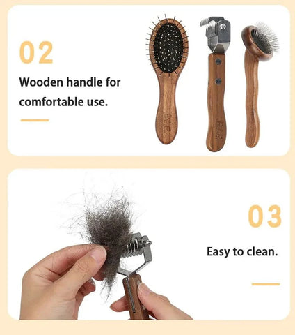 Sustainable Pet Grooming Set with wooden handles and easy-to-clean tools.