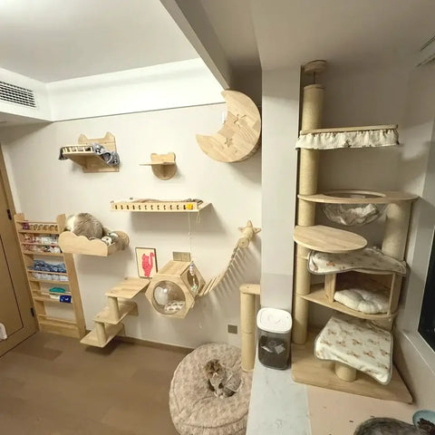 Wall mounted wooden cat climbing shelves with hammock, scratching ladder, and multi-tiered tree tower for large cats