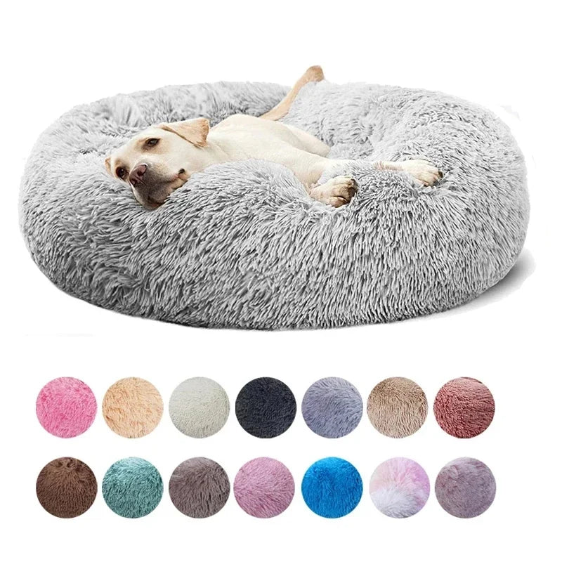 Load image into Gallery viewer, Round pet bed for large dog in plush material with bolstered edges, available in various colors.
