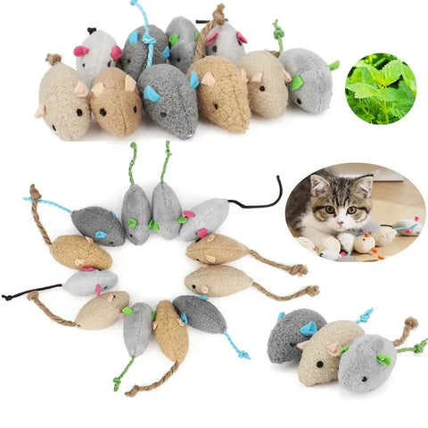 Catnip Mouse Toy Set with rattle, perfect for indoor cats, available in sets of 3 to 200, promoting active play.