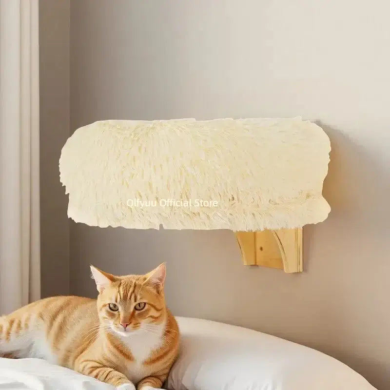 Load image into Gallery viewer, Wall mounted wooden cat bed with soft plush cover and natural finish supports small pets lounging on wall-mounted shelf

