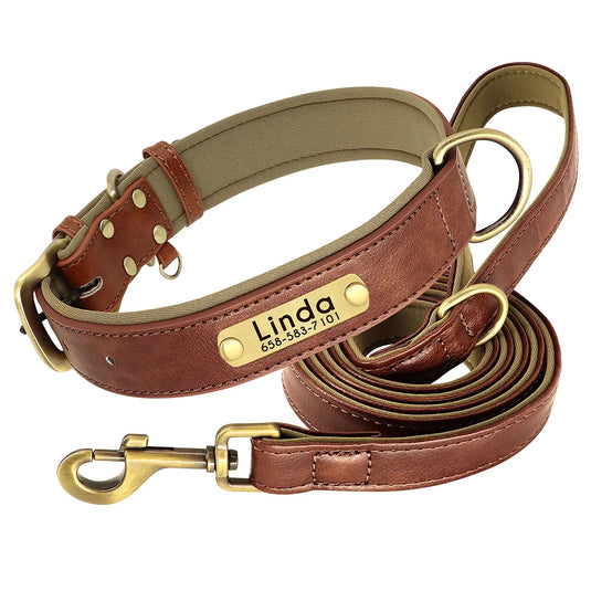 Personalized Leather Dog Collar & Leash Set with Engraved Nameplate