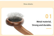 Sustainable wood pet grooming brush with durable metal bristles.