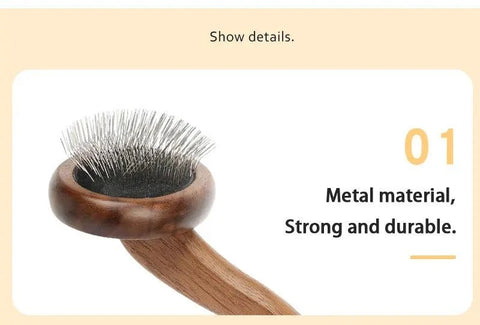 Sustainable wood pet grooming brush with durable metal bristles.