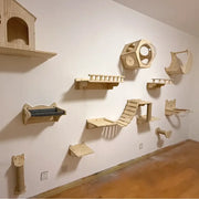 Wall Mounted Cat Climbing Shelves Wooden Hammock Tree Tower with Scratching Ladder