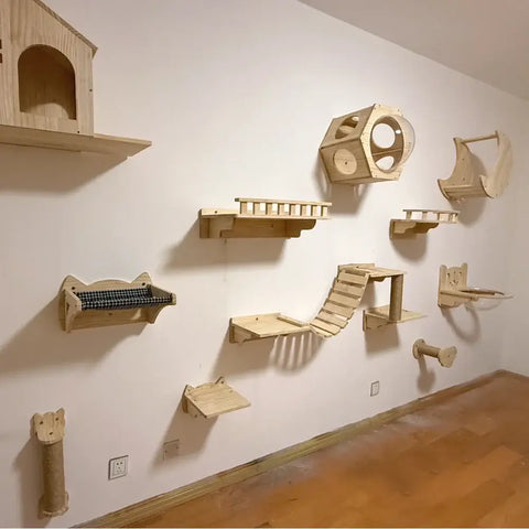 Wall Mounted Cat Climbing Shelves Wooden Hammock Tree Tower with Scratching Ladder