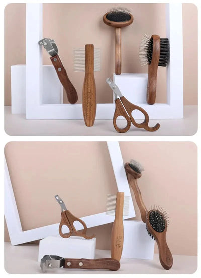Sustainable pet grooming set with wooden comb and stainless steel nail clippers.